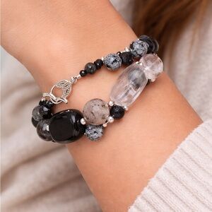 Chic Black and Silver Beaded Bracelet .925 sterling black onyx and moonstone